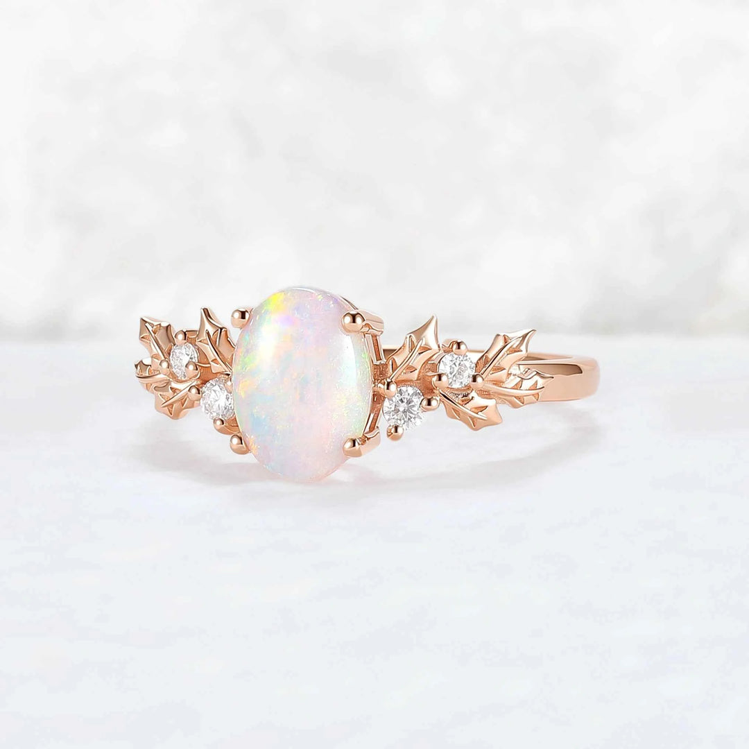 Nutural Holly Leafy Oval Natural Opal Engagement Ring