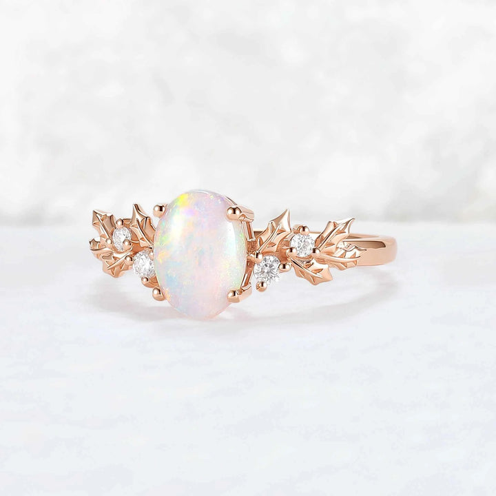 Nutural Holly Leafy Oval Natural Opal Engagement Ring
