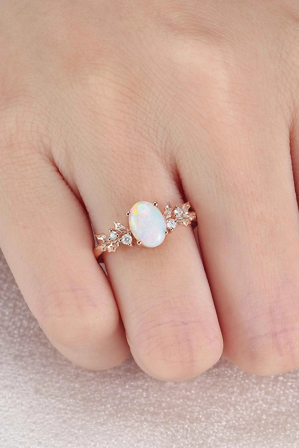 Nutural Holly Leafy Oval Natural Opal Engagement Ring