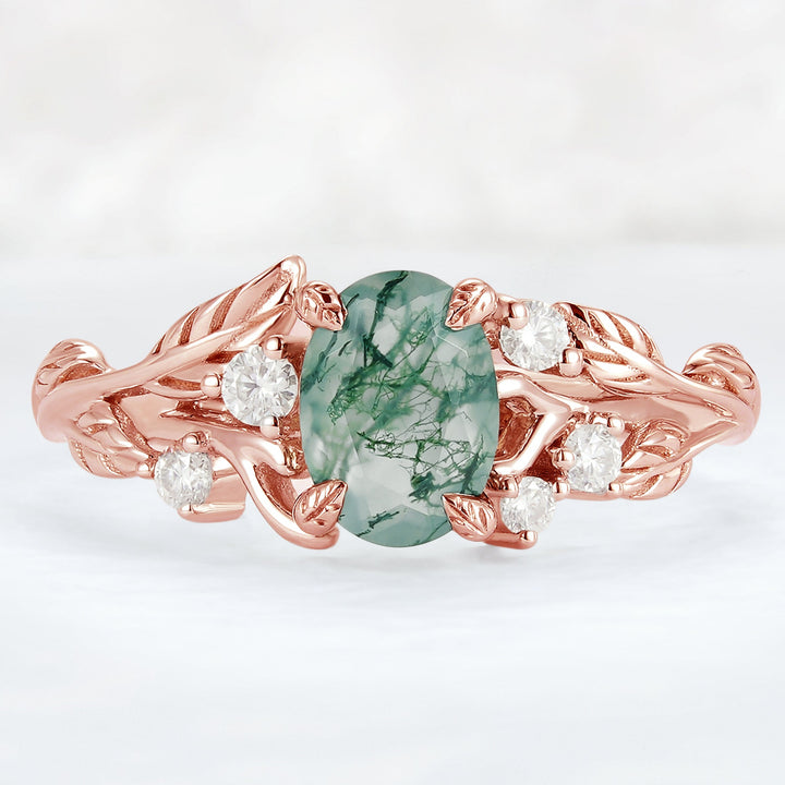 Nature Inspired Oval Cut Moss Agate Leafy 10K Gold Engagement Ring