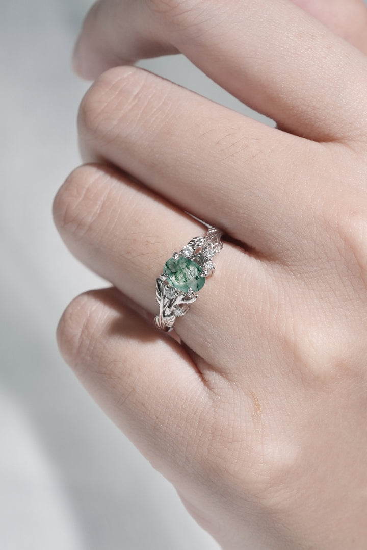 Nature Inspired Oval Cut Moss Agate Leafy 10K Gold Engagement Ring - Iver Jewelry