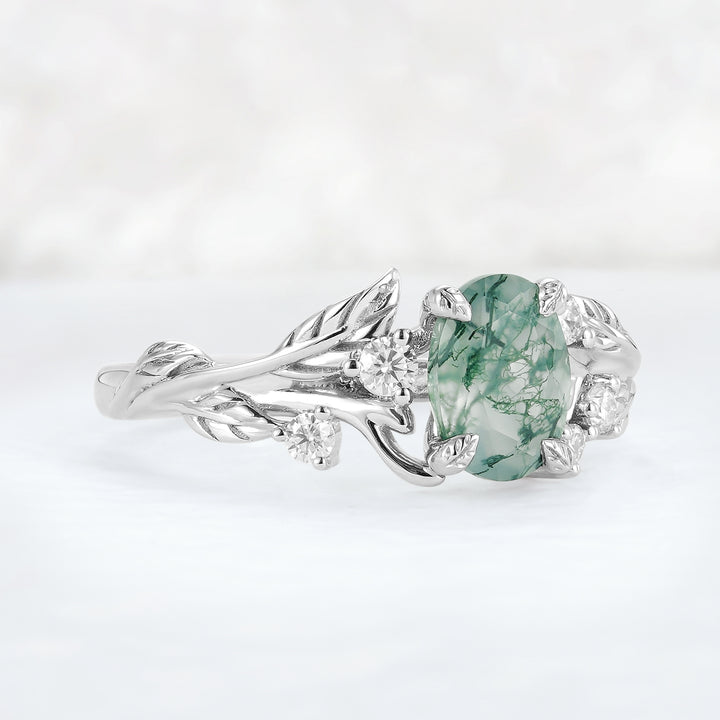 Nature Inspired Oval Cut Moss Agate Leafy 10K Gold Engagement Ring - Iver Jewelry