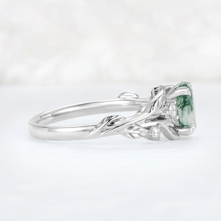 Nature Inspired Oval Cut Moss Agate Leafy 10K Gold Engagement Ring - Iver Jewelry