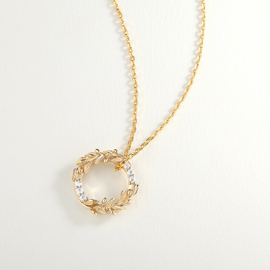 Olive Leaf Inspired Round Cut Moissanite Wreath Pendant Necklace