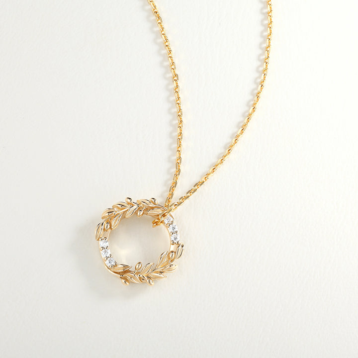 Olive Leaf Inspired Round Cut Moissanite Wreath Pendant Necklace