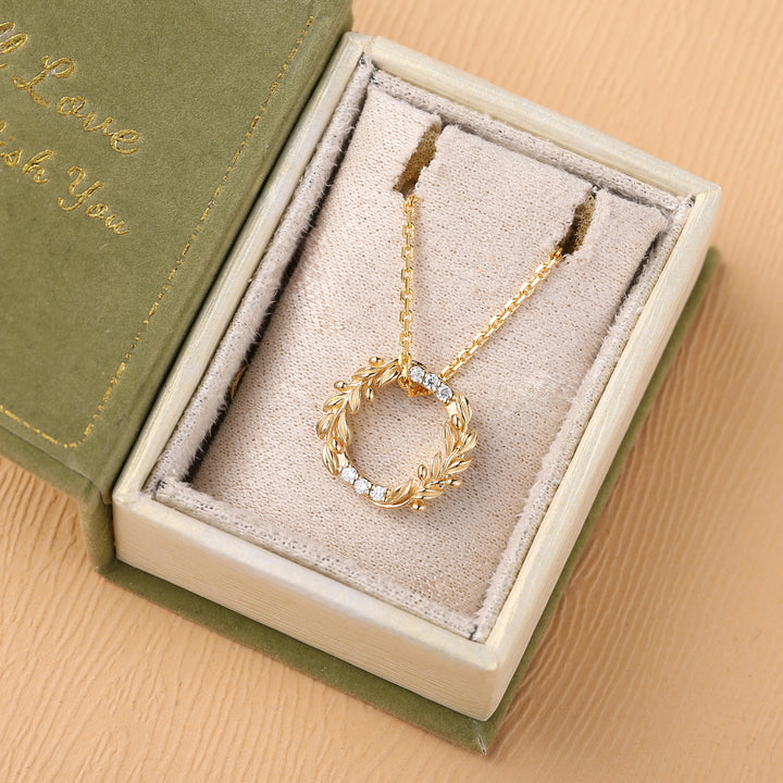 Olive Leaf Inspired Round Cut Moissanite Wreath Pendant Necklace