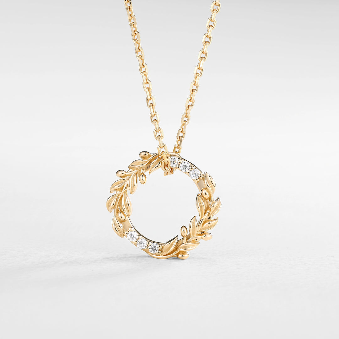Olive Leaf Inspired Round Cut Moissanite Wreath Pendant Necklace