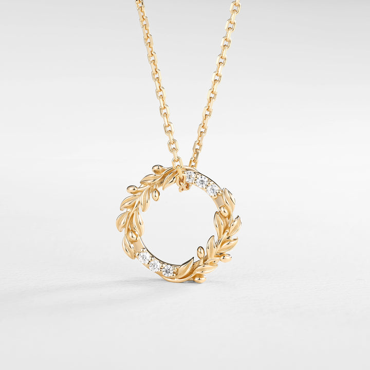 Olive Leaf Inspired Round Cut Moissanite Wreath Pendant Necklace