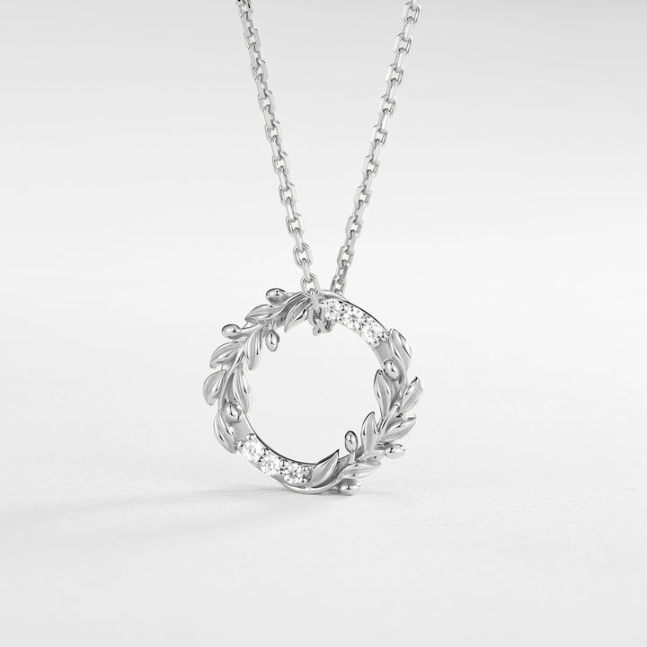 Olive Leaf Inspired Round Cut Moissanite Wreath Pendant Necklace