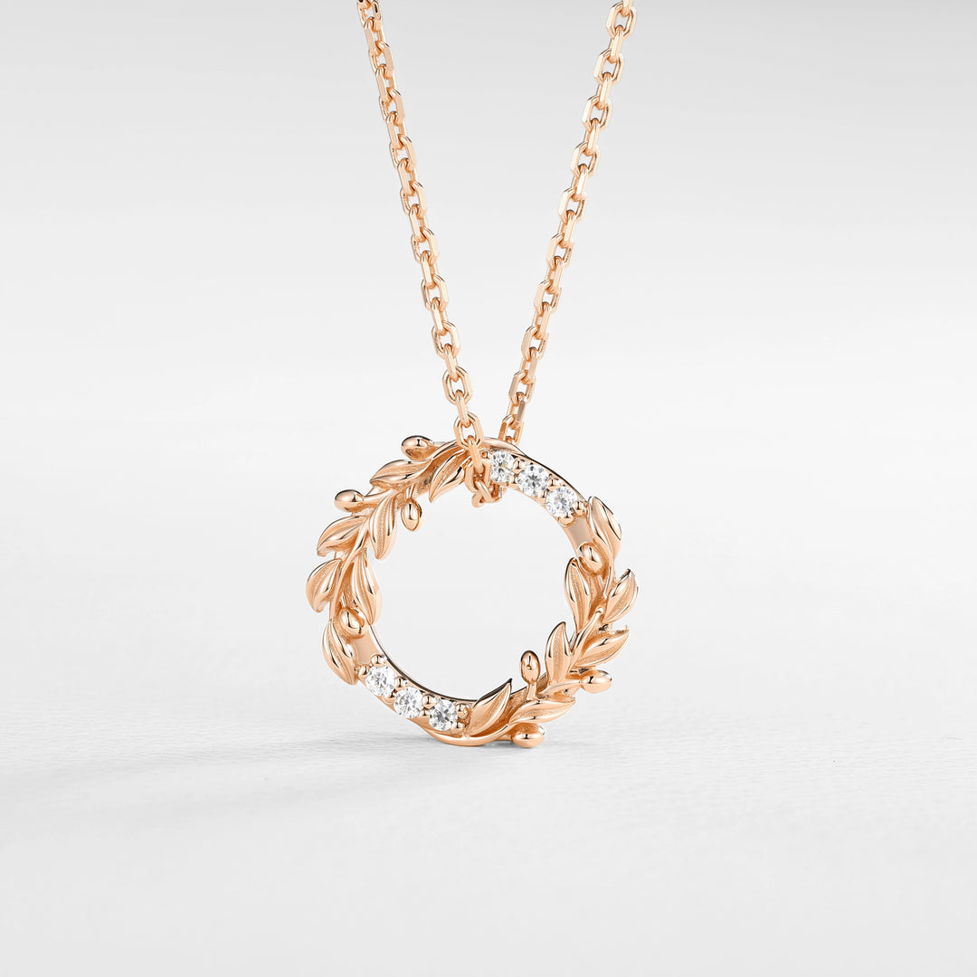 Olive Leaf Inspired Round Cut Moissanite Wreath Pendant Necklace