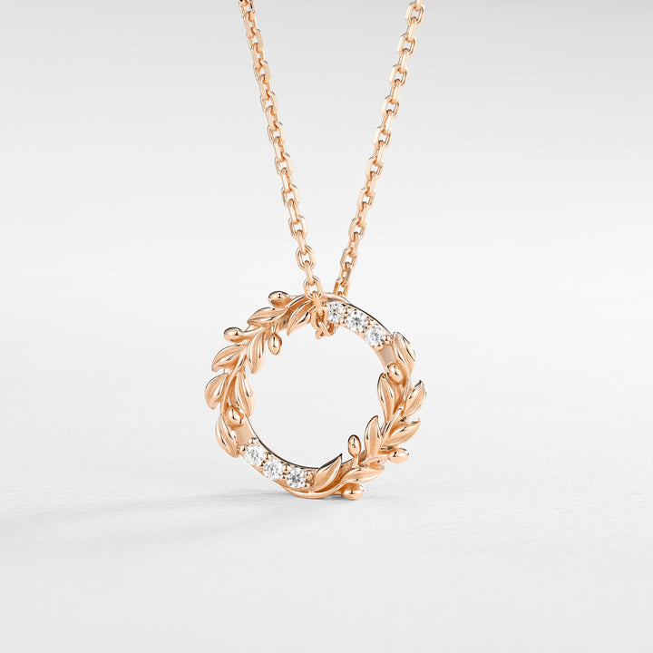 Olive Leaf Inspired Round Cut Moissanite Wreath Pendant Necklace