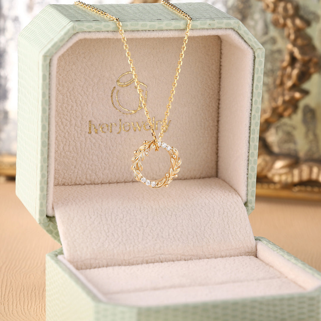 Olive Leaf Inspired Round Cut Moissanite Wreath Pendant Necklace