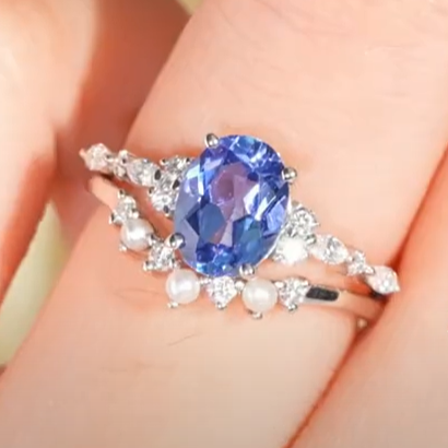 Cluster Oval Cut Cornflower Sapphire Gemstone Ring set 2pcs - Iver Jewelry