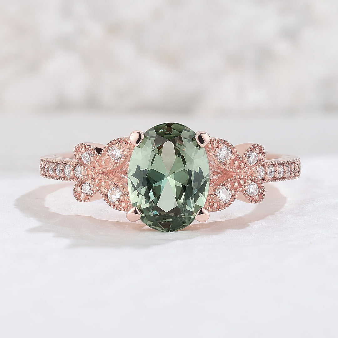 Oval Green Sapphire Butterfly Beaded Edge Engagement Ring