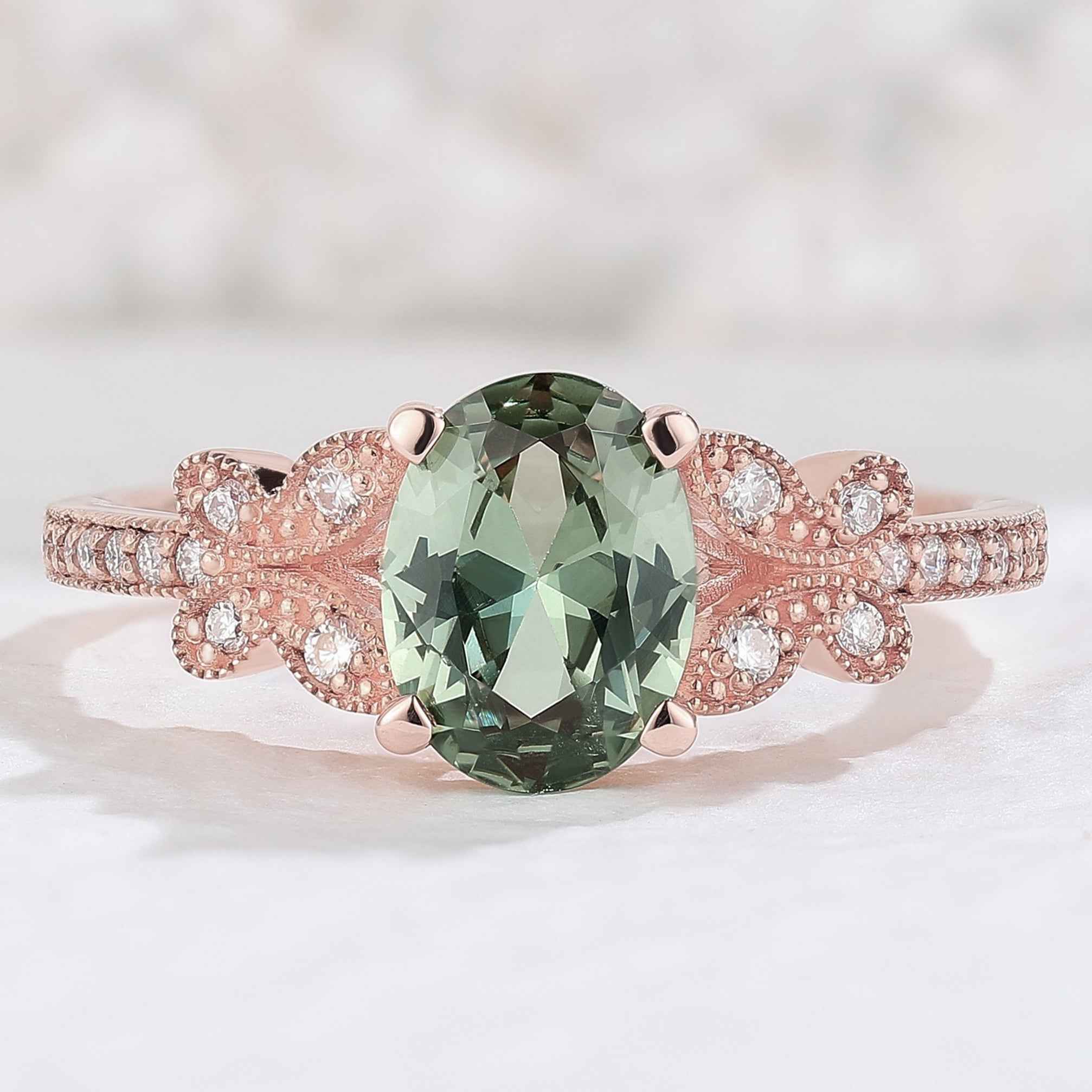 Oval Green Sapphire Butterfly Beaded Edge Engagement Ring