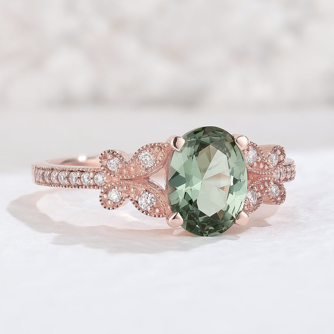 Oval Green Sapphire Butterfly Beaded Edge Engagement Ring