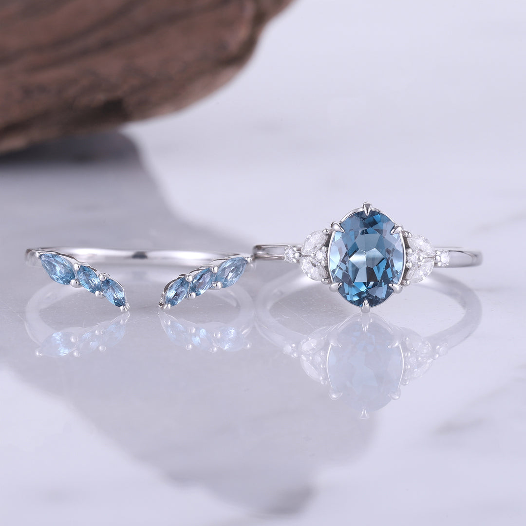 Oval London Blue Topaz Cluster Engagement Ring Set 2pcs