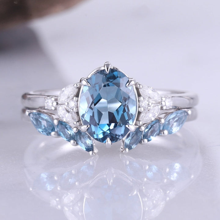 Oval London Blue Topaz Cluster Engagement Ring Set 2pcs