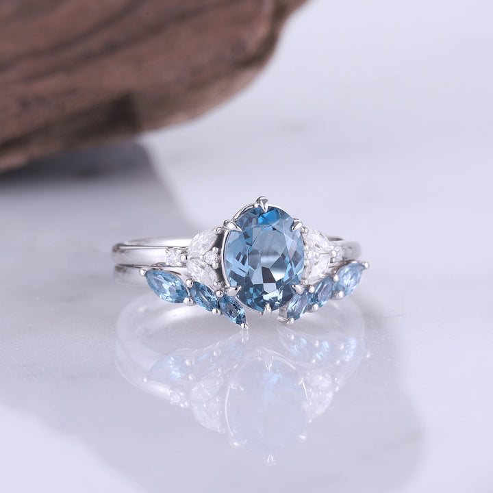 Oval London Blue Topaz Cluster Engagement Ring Set 2pcs