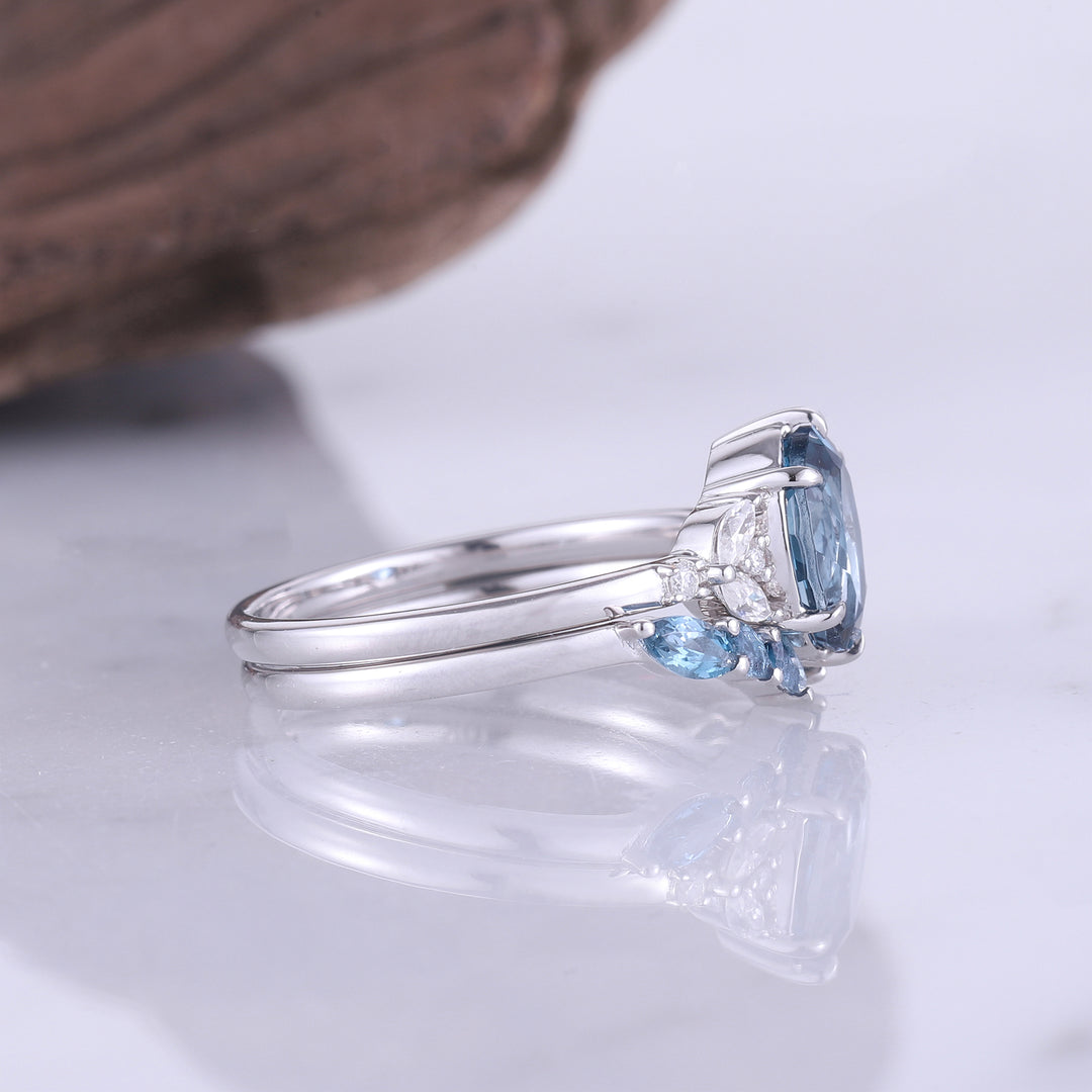 Oval London Blue Topaz Cluster Engagement Ring Set 2pcs