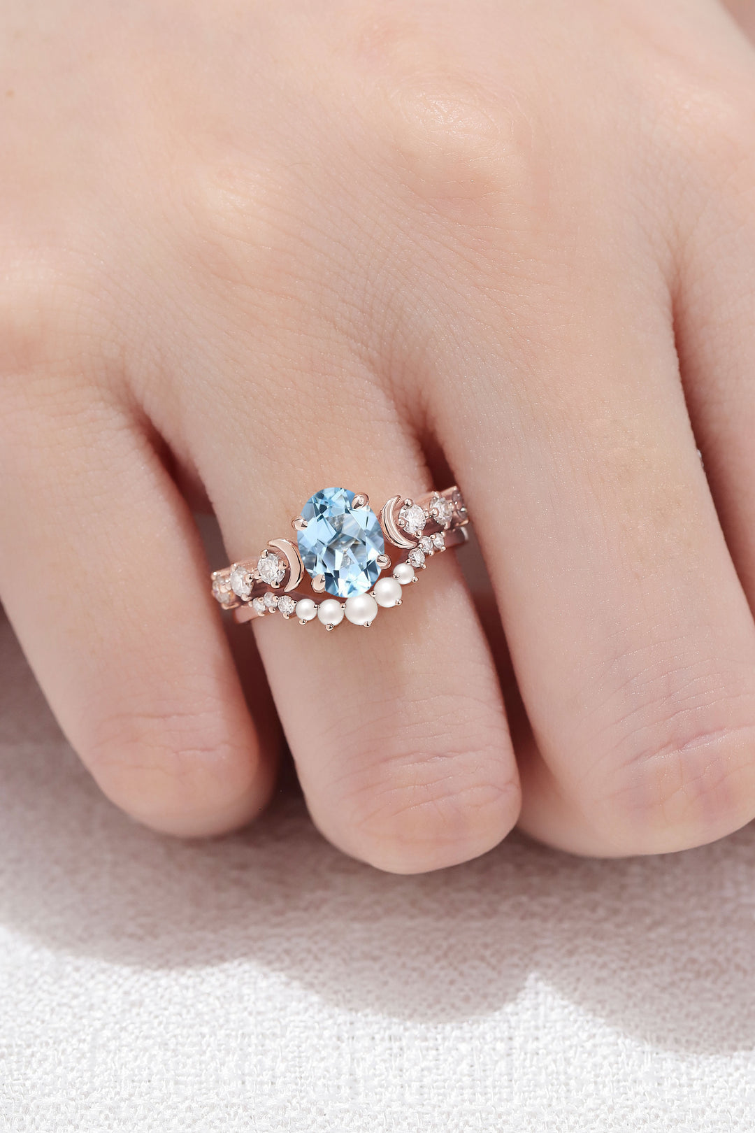 Oval Aquamarine Moon Seven Stone Gemstone Ring Set 2pcs