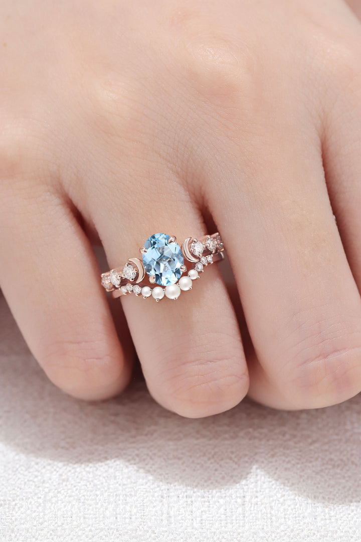 Oval Aquamarine Moon Seven Stone Gemstone Ring Set 2pcs