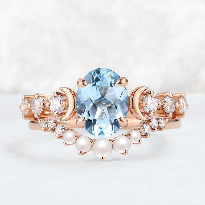 Oval Aquamarine Moon Seven Stone Gemstone Ring Set 2pcs