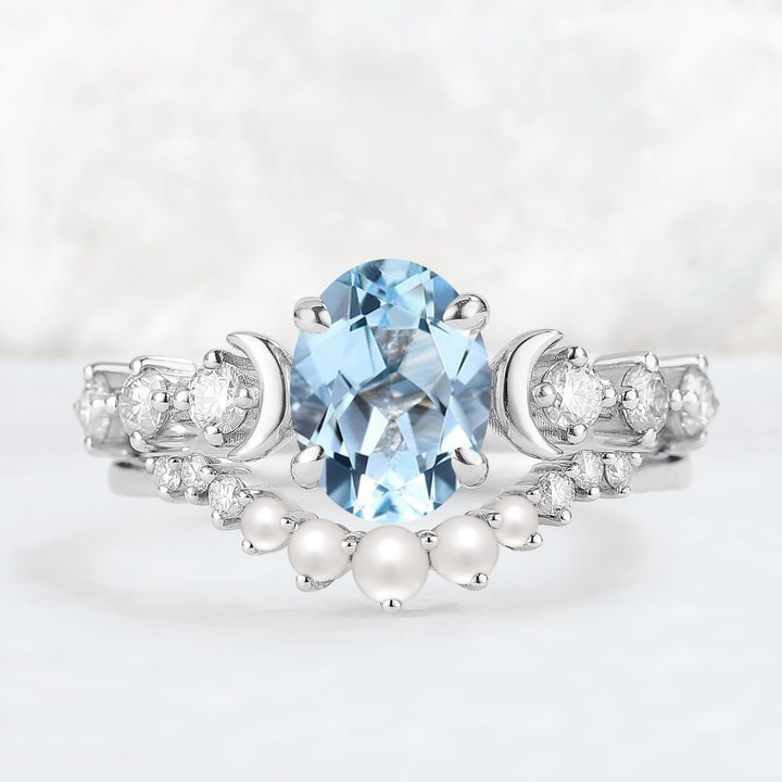 Oval Aquamarine Moon Seven Stone Gemstone Ring Set 2pcs