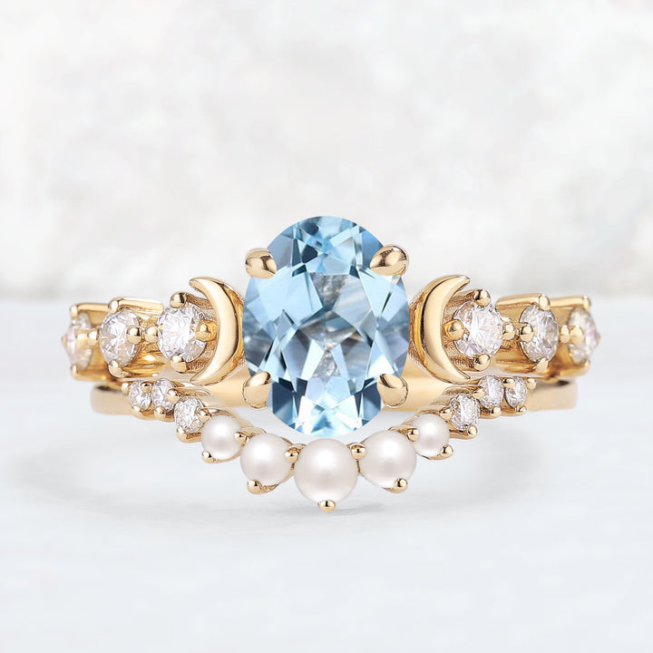 Oval Aquamarine Moon Seven Stone Gemstone Ring Set 2pcs