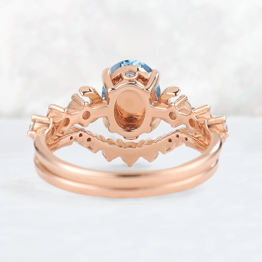 Oval Aquamarine Moon Seven Stone Gemstone Ring Set 2pcs