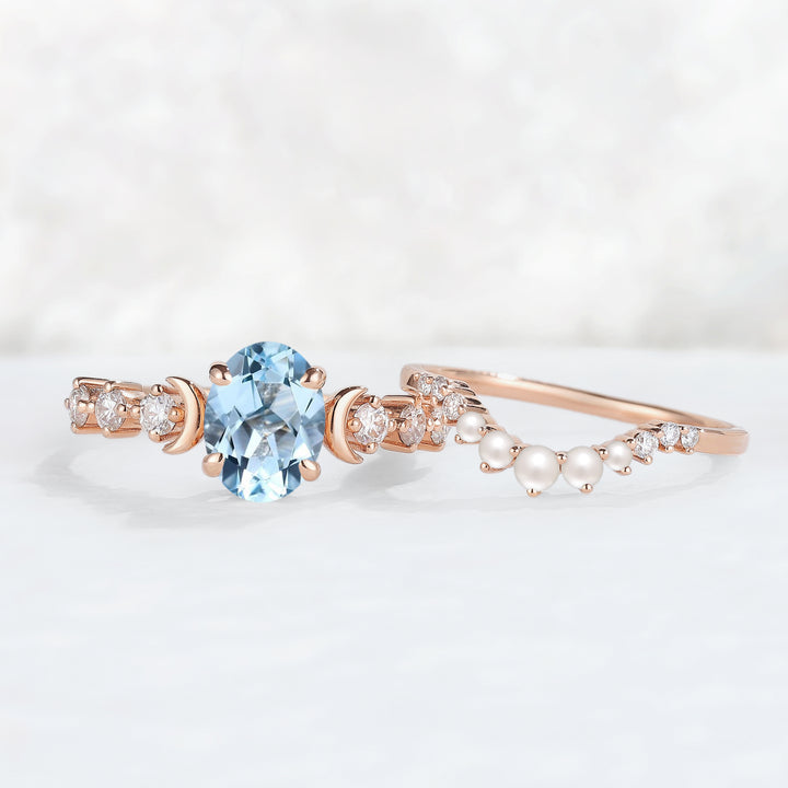 Oval Aquamarine Moon Seven Stone Gemstone Ring Set 2pcs