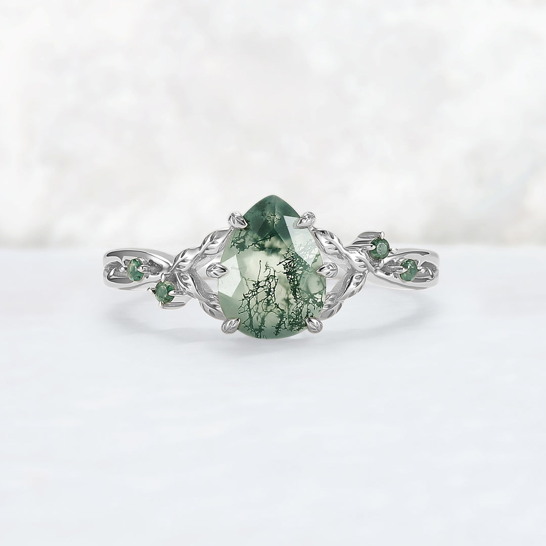 Pear Cut Nature Inspired Moss Agate Leafy Gemstone Ring