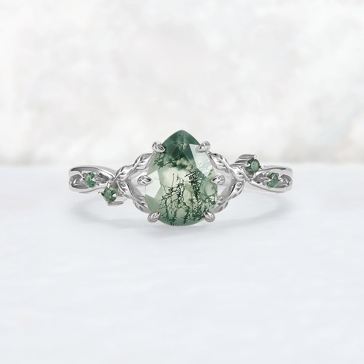 Pear Cut Nature Inspired Moss Agate Leafy Gemstone Ring