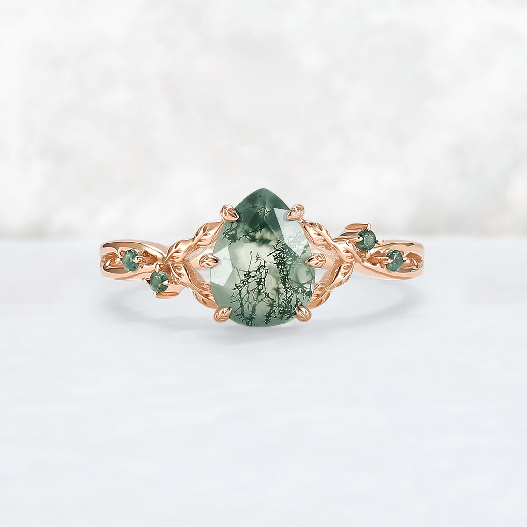 Pear Cut Nature Inspired Moss Agate Leafy Gemstone Ring