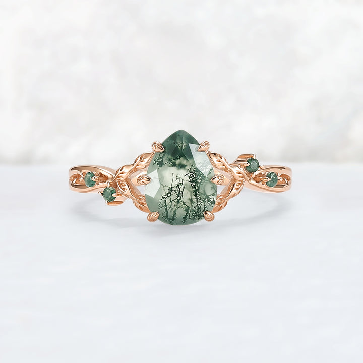 Pear Cut Nature Inspired Moss Agate Leafy Gemstone Ring