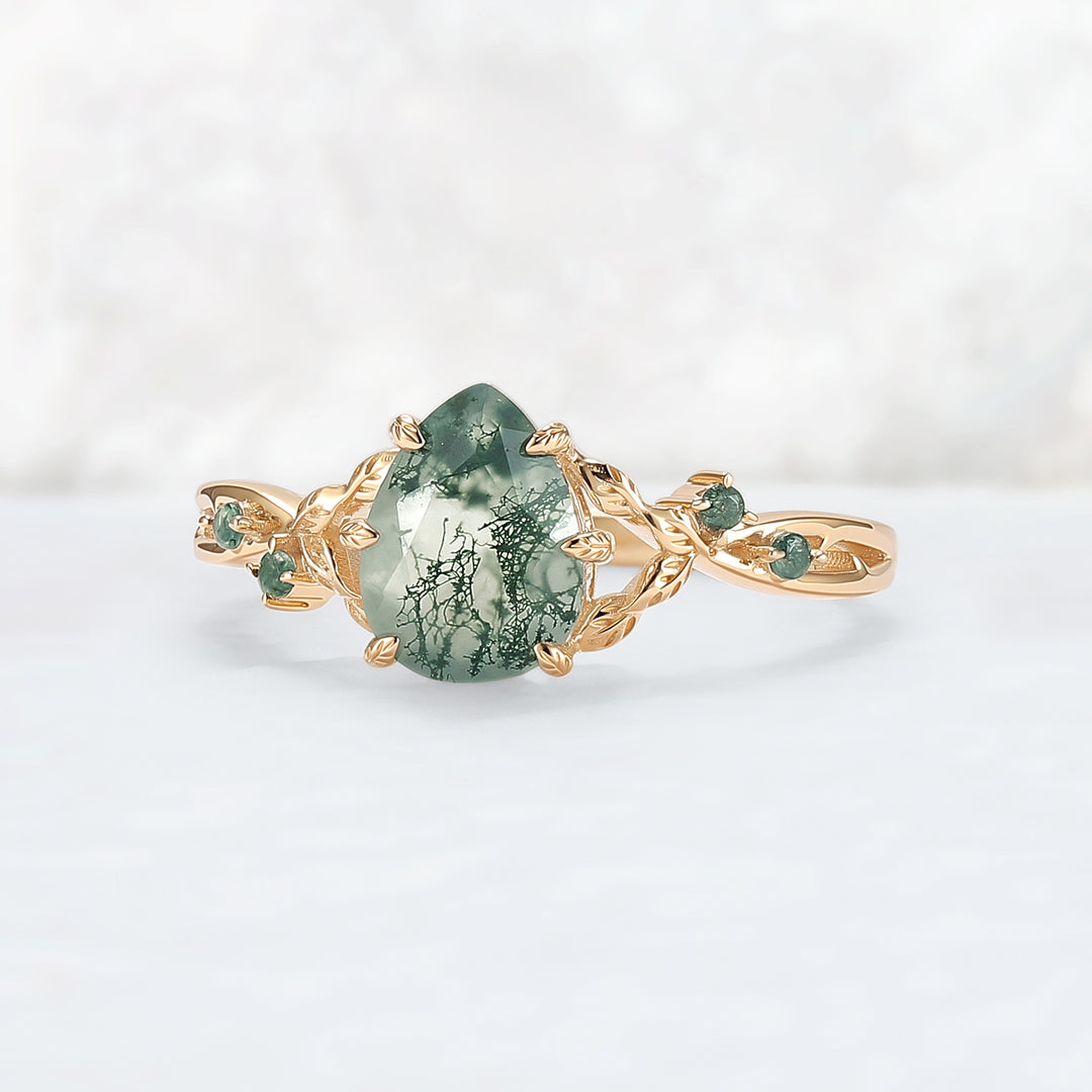 Pear Cut Nature Inspired Moss Agate Leafy Gemstone Ring