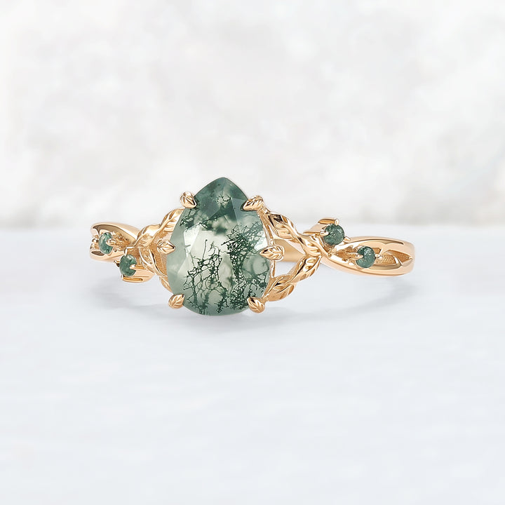 Pear Cut Nature Inspired Moss Agate Leafy Gemstone Ring