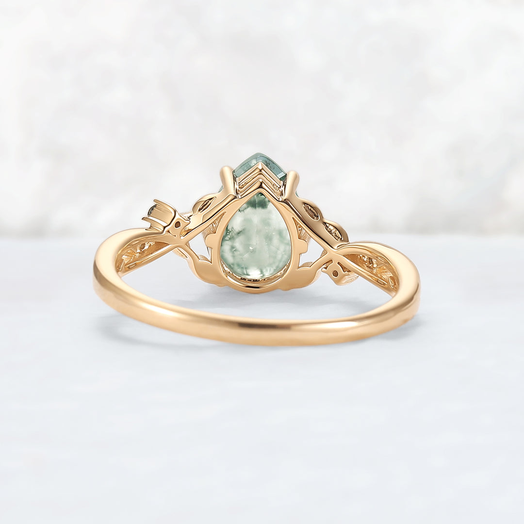 Pear Cut Nature Inspired Moss Agate Leafy Gemstone Ring