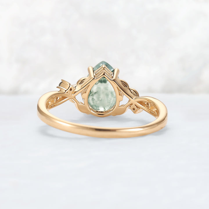 Pear Cut Nature Inspired Moss Agate Leafy Gemstone Ring