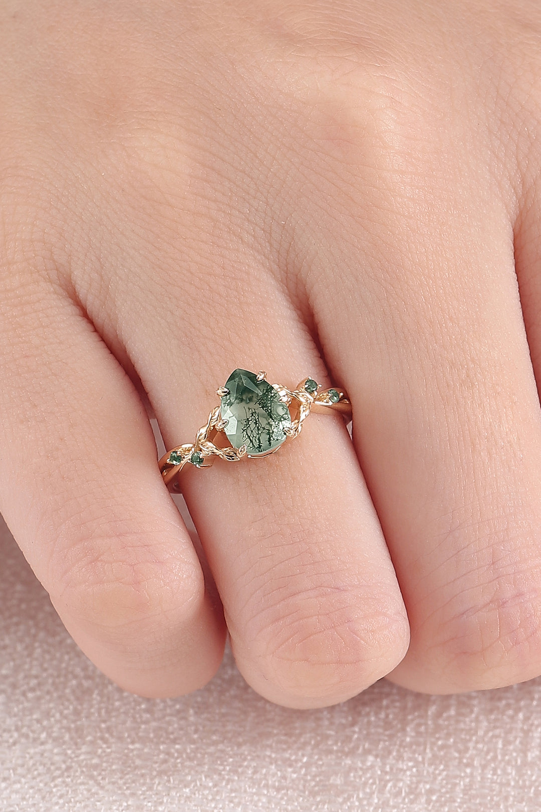 Pear Cut Nature Inspired Moss Agate Leafy Gemstone Ring