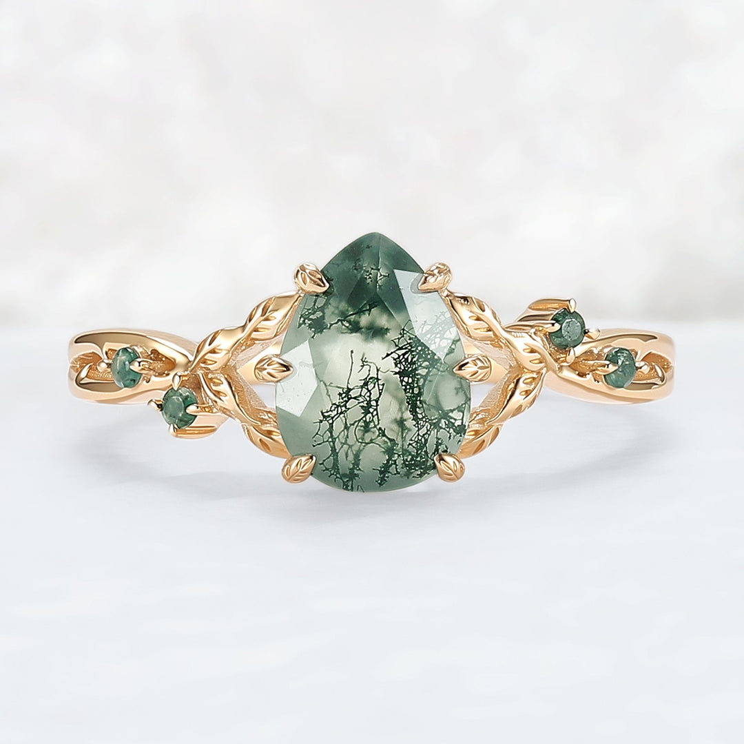Pear Cut Nature Inspired Moss Agate Leafy Gemstone Ring