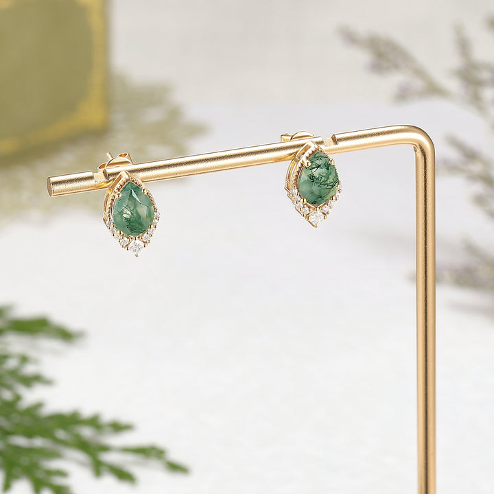 Pear Shaped Green Moss Agate Earrings Anniversary Gift for Her