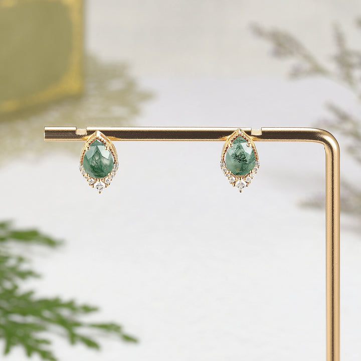 Pear Shaped Green Moss Agate Earrings Anniversary Gift for Her