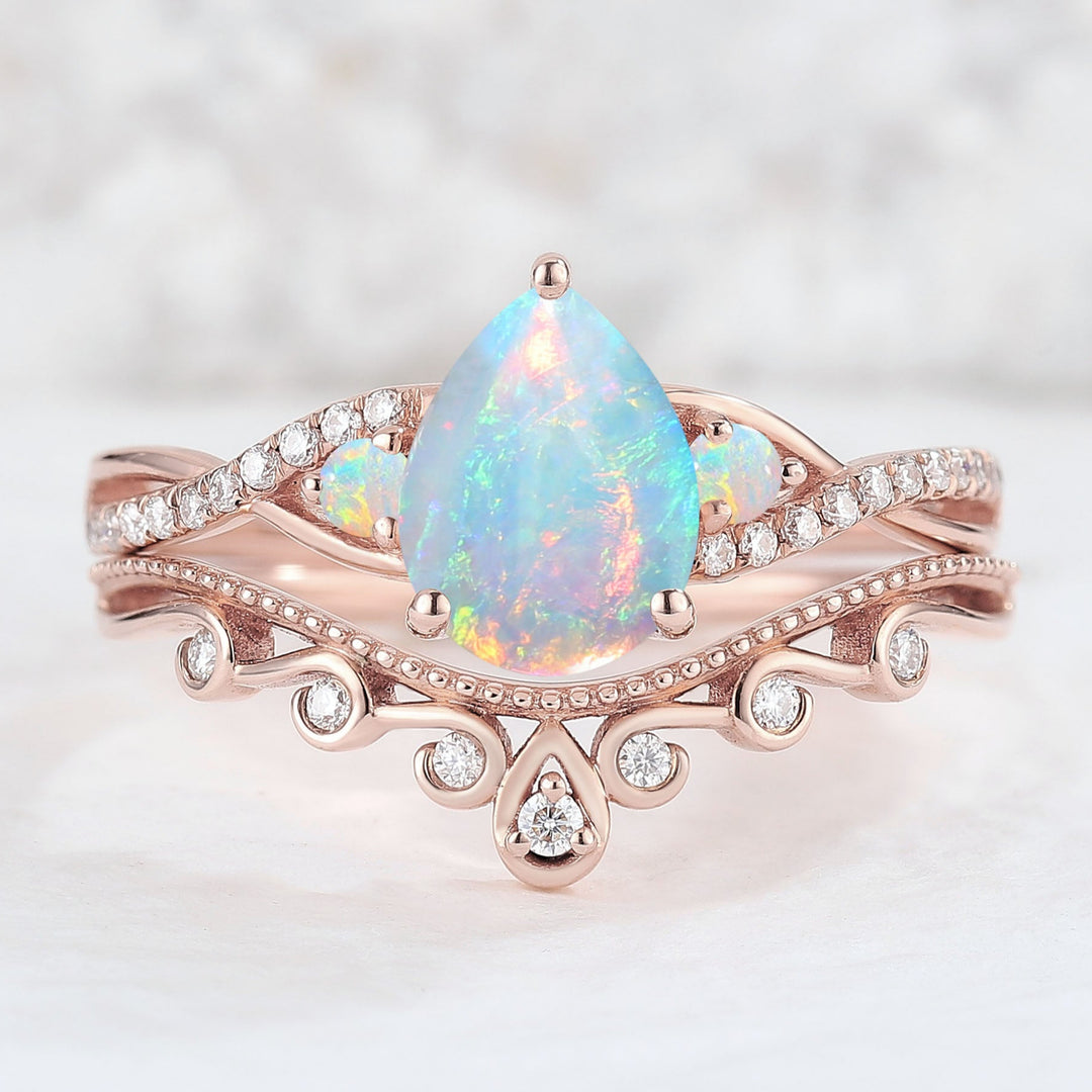  Pear Shaped Opal Vine Gemstone ring set 2pcs