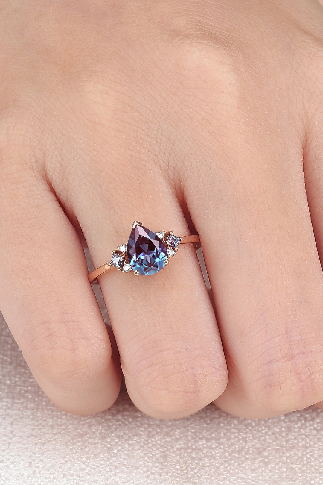 Princess Mononoke Pear Cut Alexandrite Cluster Engagaement Ring