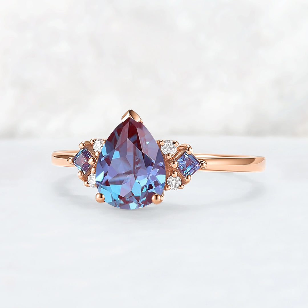 Princess Mononoke Pear Cut Alexandrite Cluster Engagaement Ring