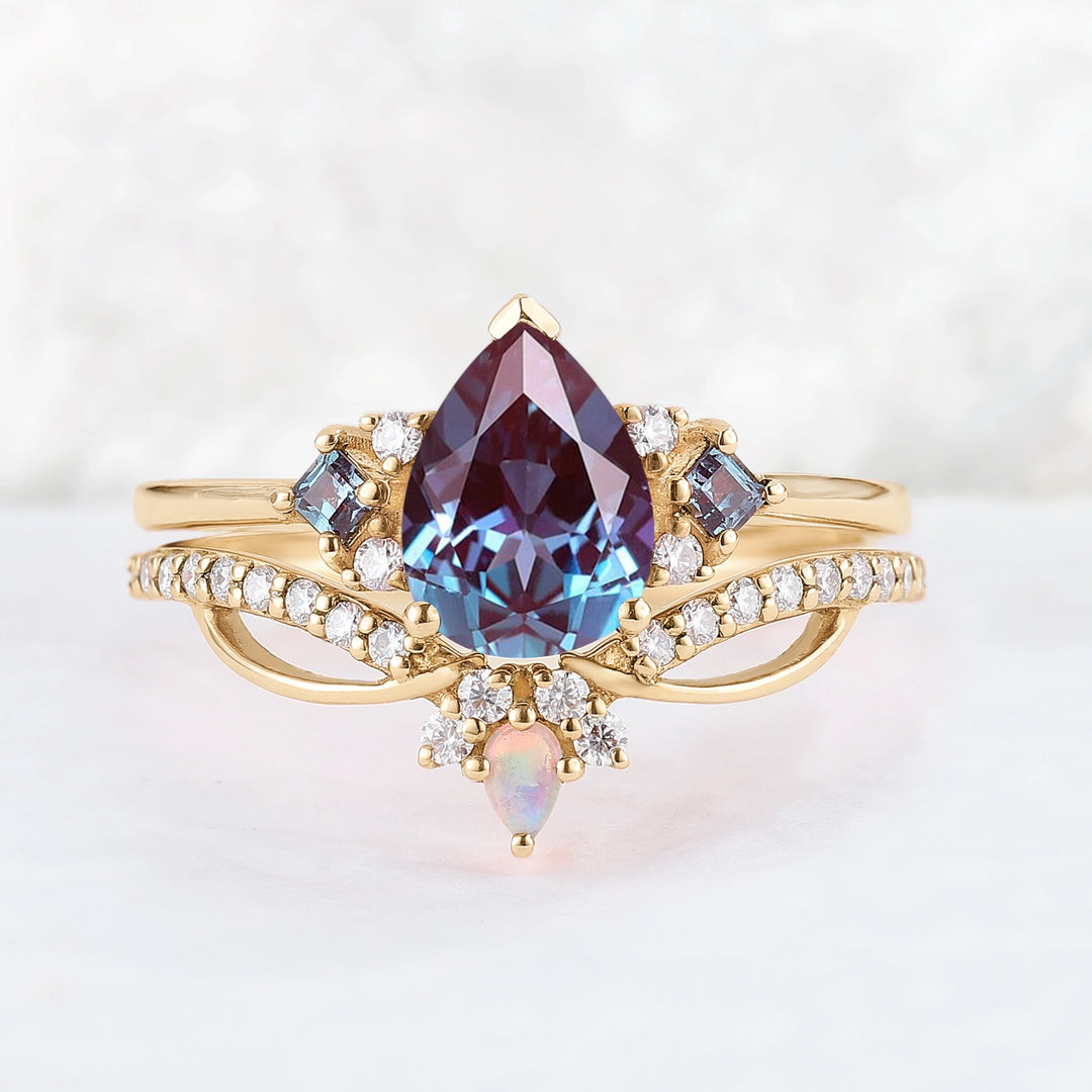 Princess Mononoke Pear Cut Alexandrite Cluster Gemstone Ring Set 2pcs