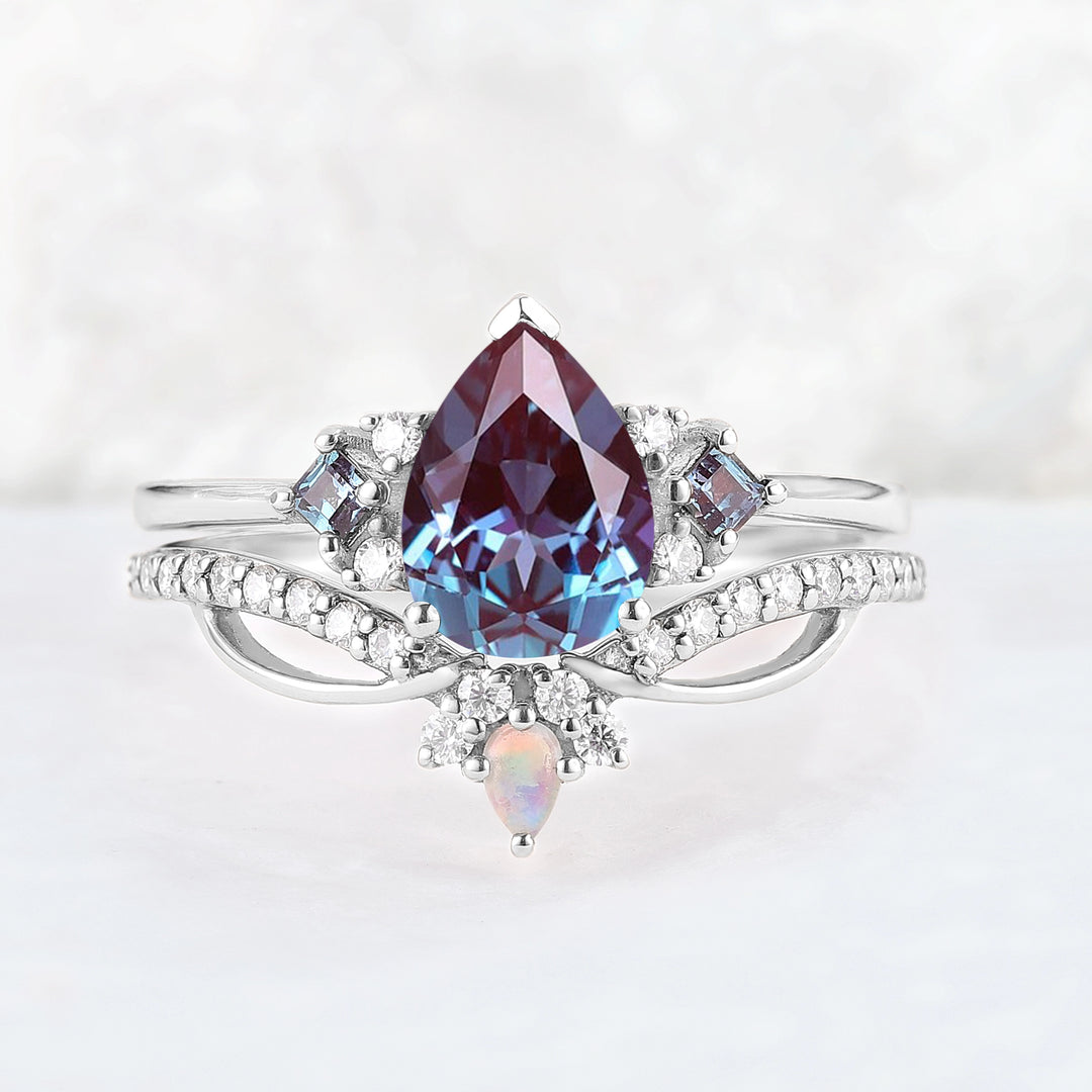 Princess Mononoke Pear Cut Alexandrite Cluster Gemstone Ring Set 2pcs