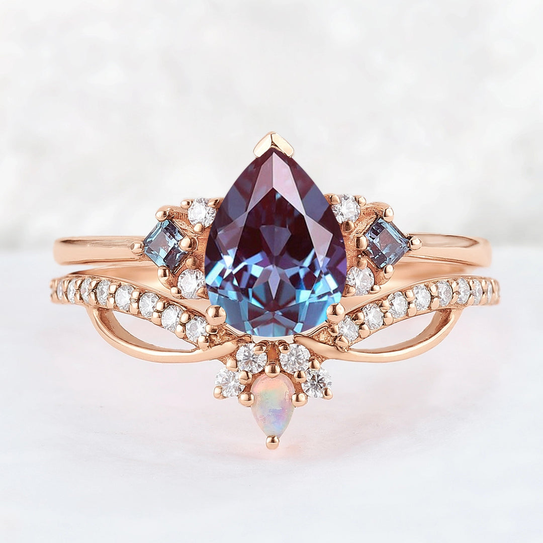 Princess Mononoke Pear Cut Alexandrite Cluster Gemstone Ring Set 2pcs