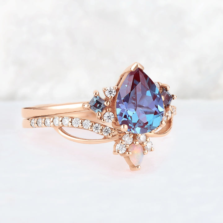 Princess Mononoke Pear Cut Alexandrite Cluster Gemstone Ring Set 2pcs